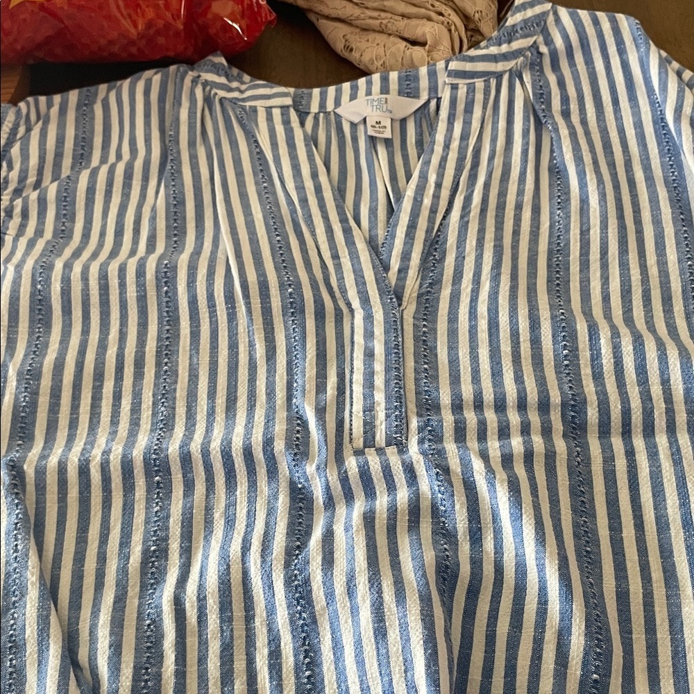 Time and Tru Blue and White Striped Casual Button Down Shirt